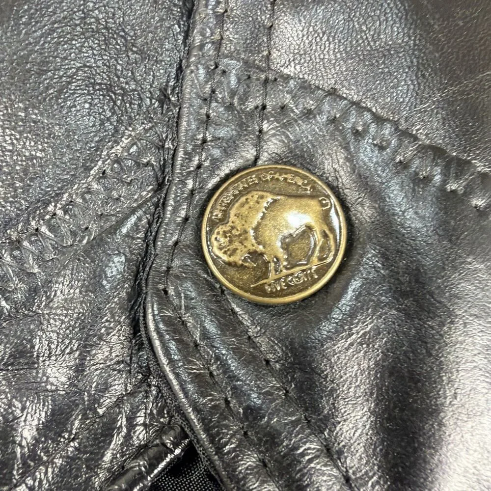 DIAMOND PLATE BUFFALO LEATHER BLACK BUTTON UP BIKER VEST WITH PATCHES XL